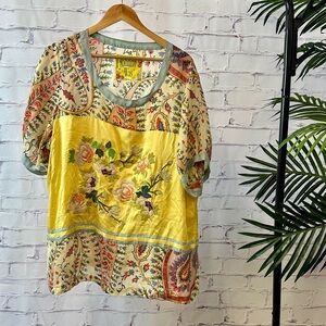 Johnny Was Pale Yellow Short Sleeve Top Shirt Tunic Floral Embroidered 2XL